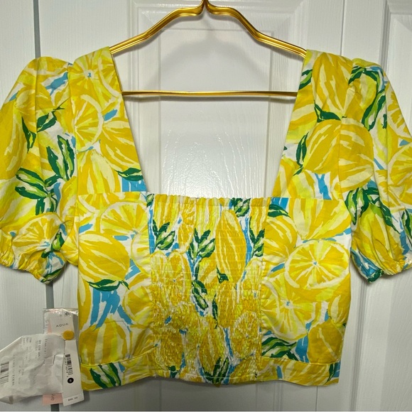 NWT AQUA Bloomingdale’s Lemon Smocked Cropped Top SMALL - Picture 10 of 15